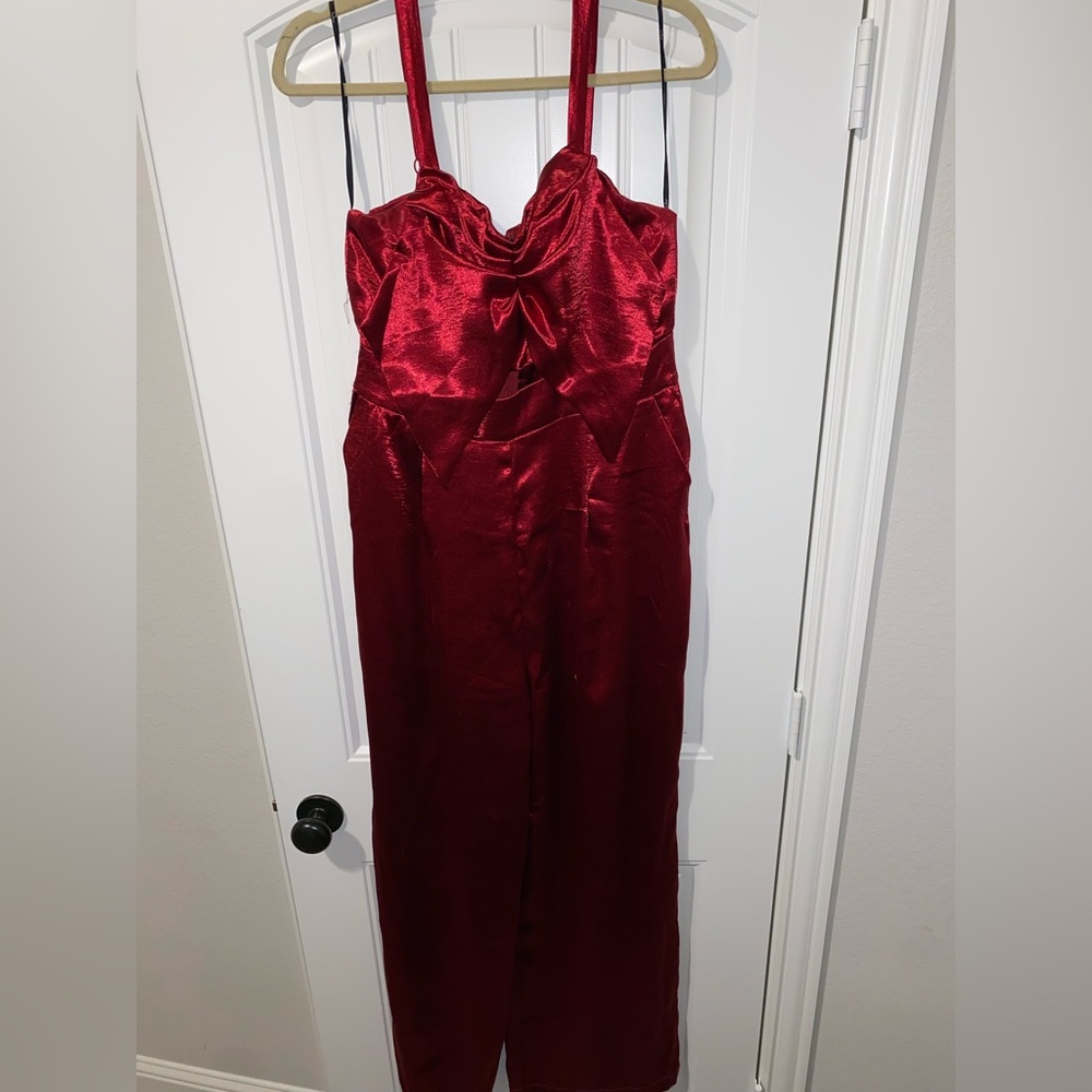 Red satin jumpsuit